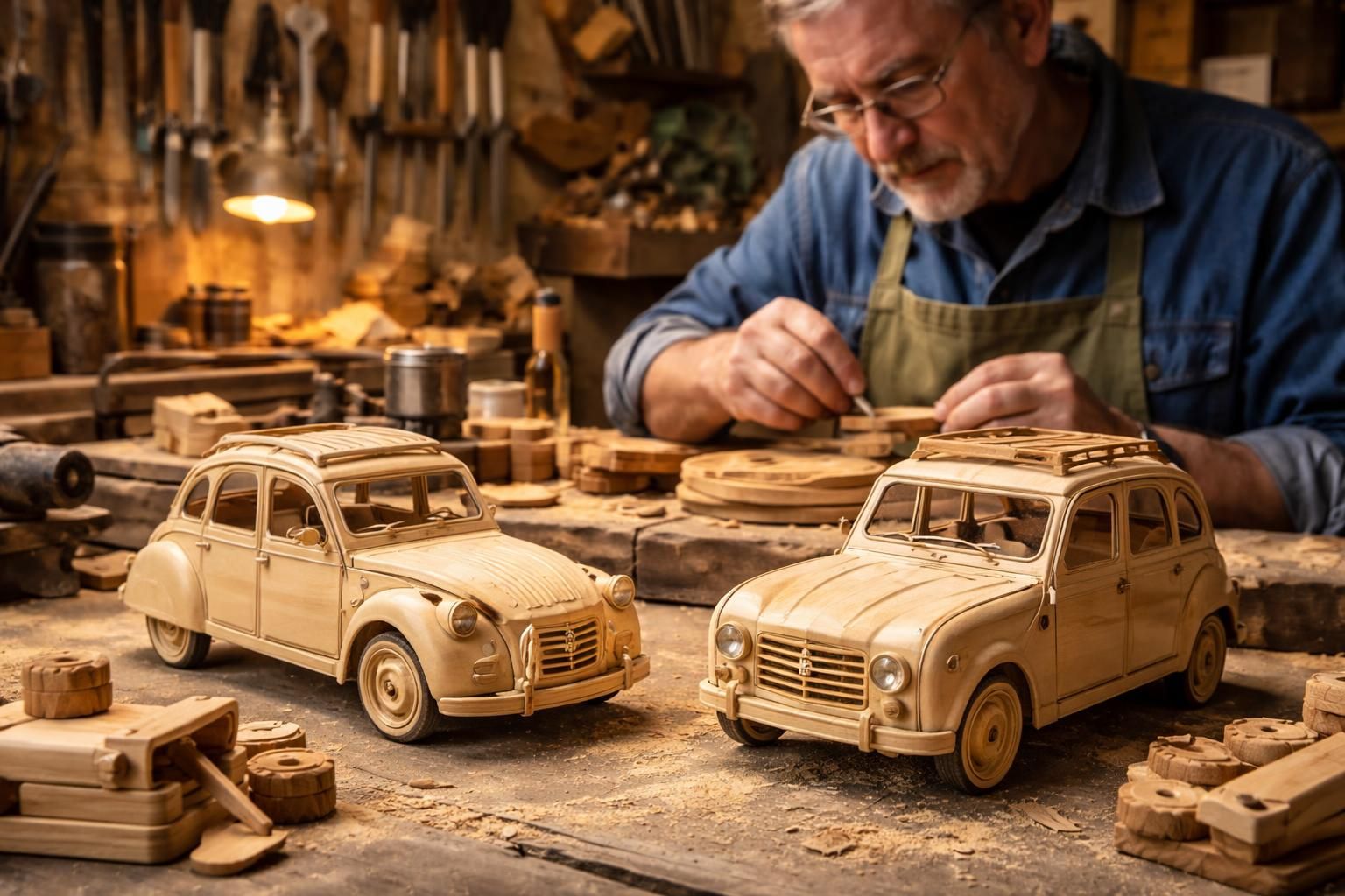 découvrez notre collection artisanale de jouets en bois avec miniatures de voitures anciennes citroën 2cv et renault 4l, parfaits pour les amateurs de vintage et de craftsmanship.