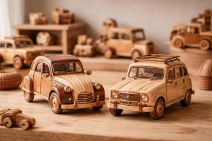 découvrez notre collection artisanale de jouets en bois comprenant des miniatures de voitures anciennes citroën 2cv et renault 4l, parfaites pour les amateurs de vintage et de qualité artisanale.