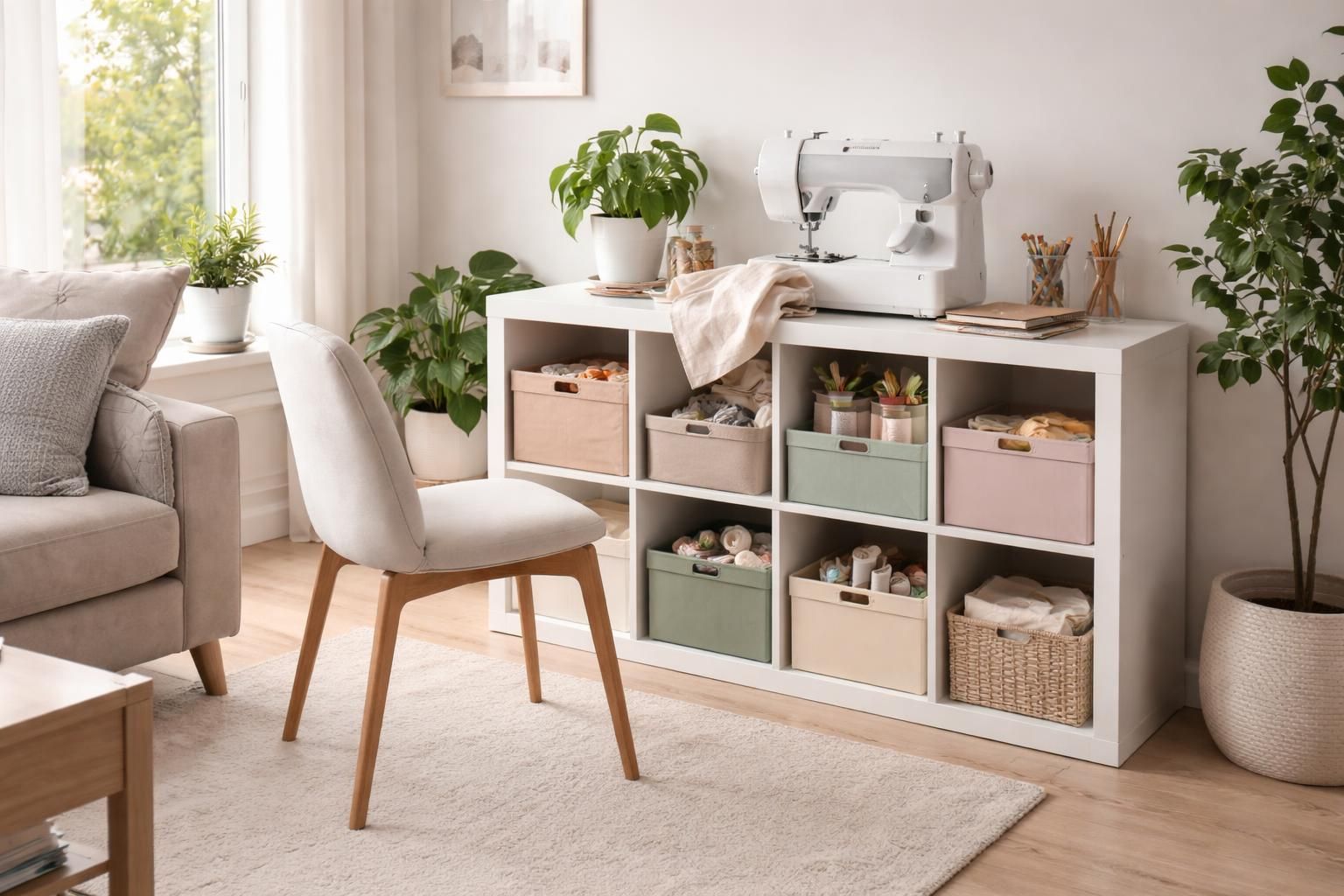 découvrez comment aménager un espace couture élégant et fonctionnel dans votre salon avec les modules ikea kallax et les machines à coudre singer. astuces déco et organisation pour un coin créatif harmonieux.